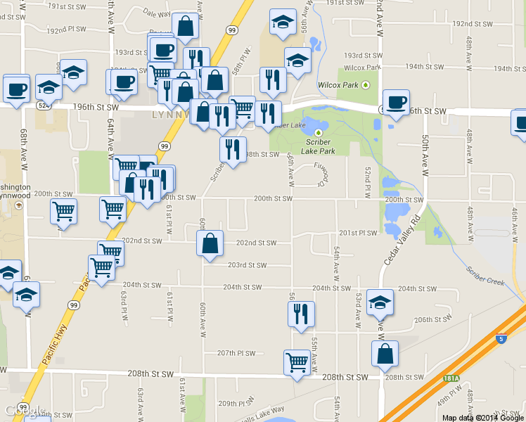 map of restaurants, bars, coffee shops, grocery stores, and more near 5710 200th Street Southwest in Lynnwood