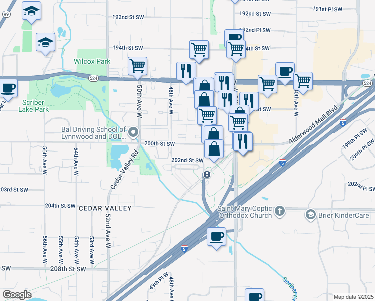 map of restaurants, bars, coffee shops, grocery stores, and more near 4630 200th Street Southwest in Lynnwood