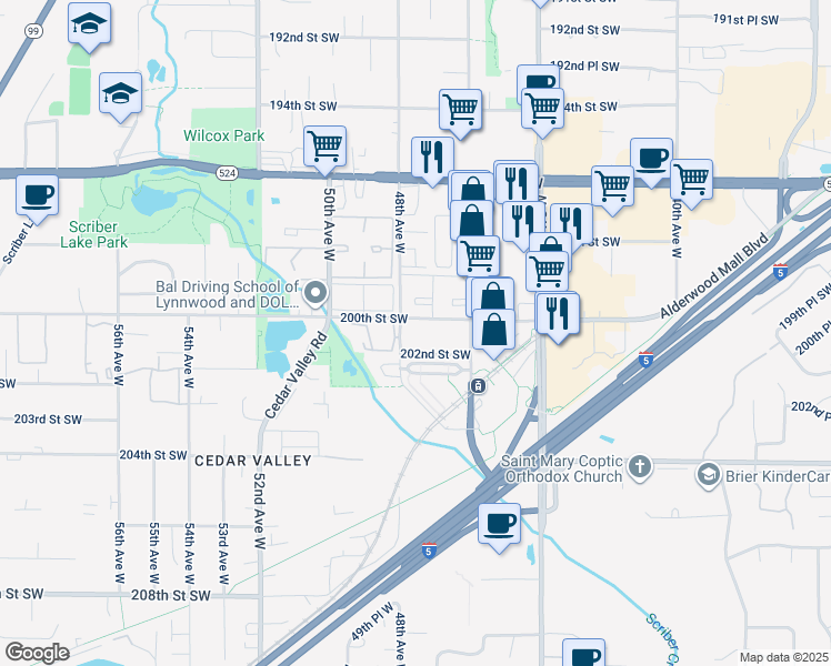 map of restaurants, bars, coffee shops, grocery stores, and more near 4630 200th Street Southwest in Lynnwood