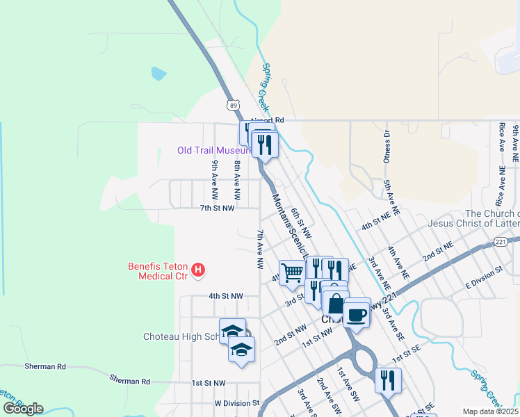 map of restaurants, bars, coffee shops, grocery stores, and more near 500 7th Street Northwest in Choteau