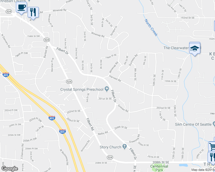 map of restaurants, bars, coffee shops, grocery stores, and more near 433 199th Place Southeast in Bothell