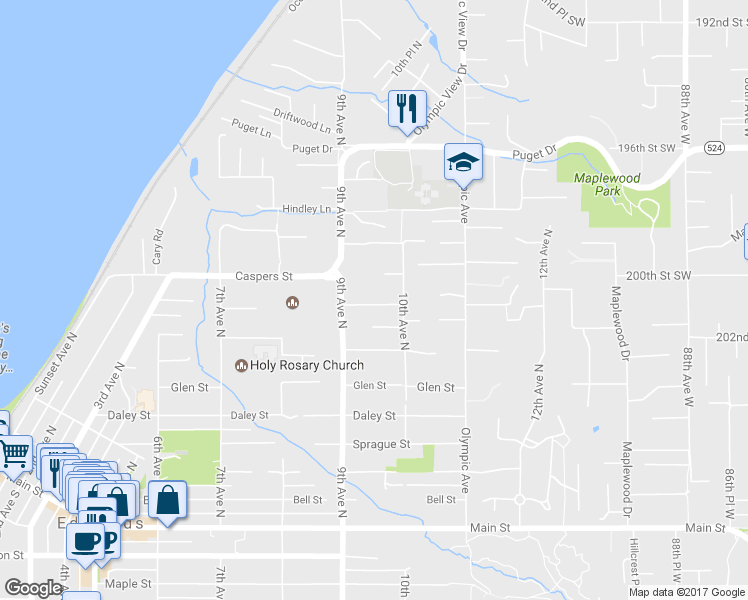 map of restaurants, bars, coffee shops, grocery stores, and more near 927 Mountain Lane in Edmonds