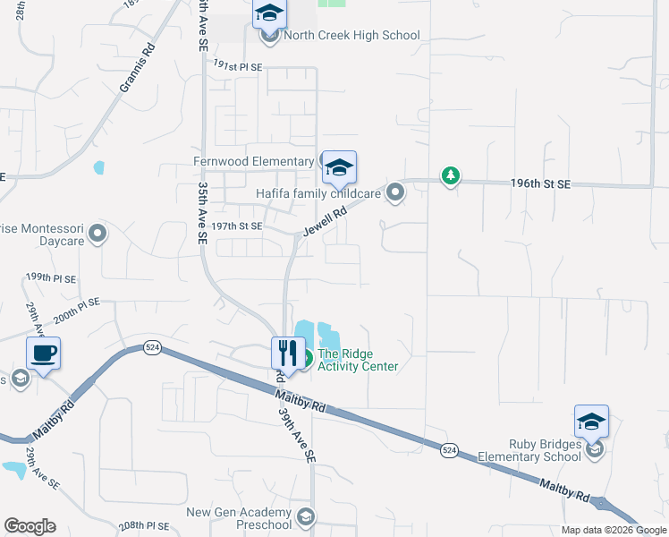map of restaurants, bars, coffee shops, grocery stores, and more near 3924 Jewell Road in Bothell