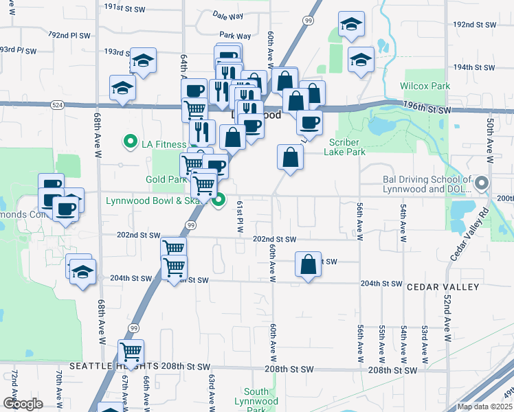 map of restaurants, bars, coffee shops, grocery stores, and more near in Lynnwood