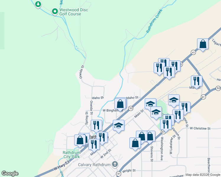 map of restaurants, bars, coffee shops, grocery stores, and more near 15950 Boise Street in Rathdrum