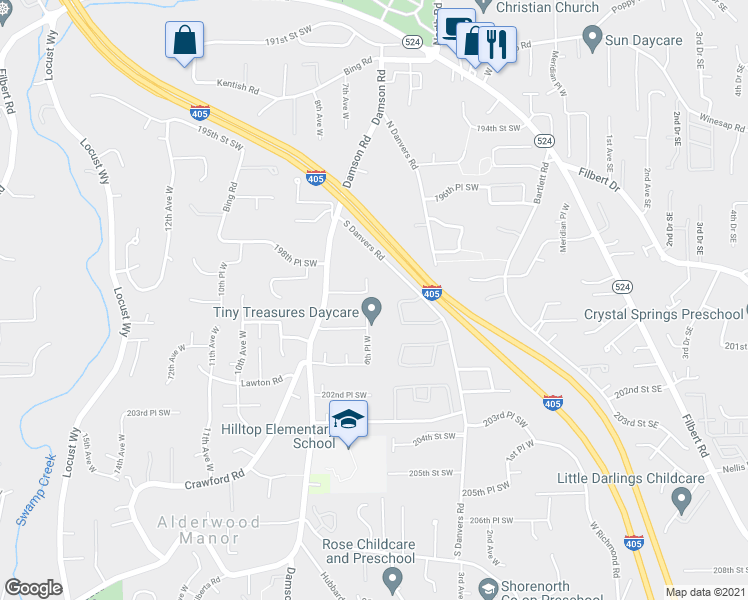 map of restaurants, bars, coffee shops, grocery stores, and more near 19931 6th Place West in Lynnwood