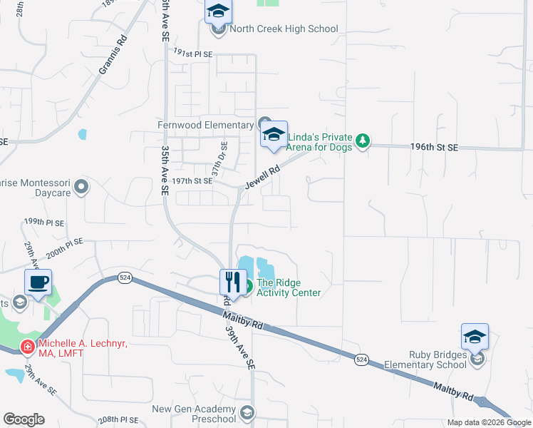 map of restaurants, bars, coffee shops, grocery stores, and more near 3918 198th Place Southeast in Bothell