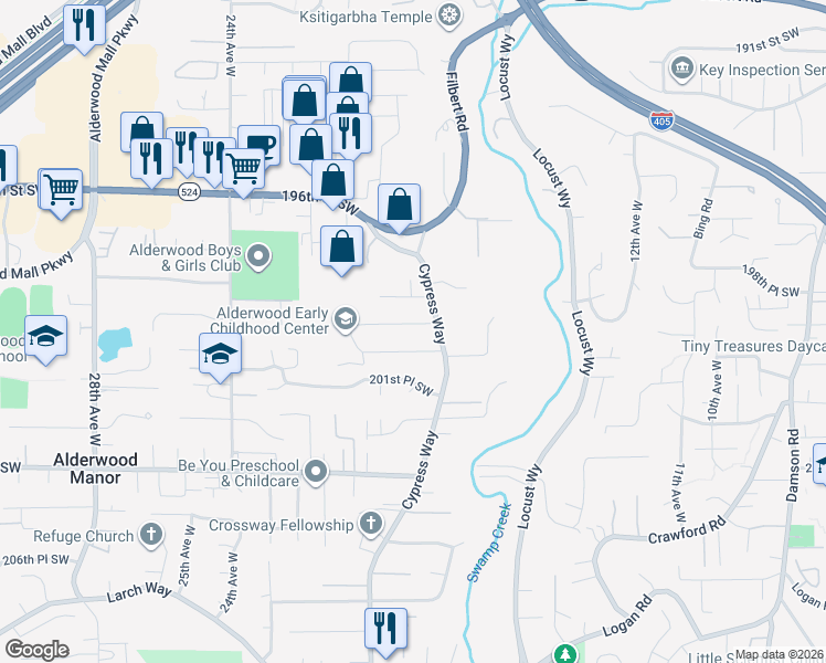 map of restaurants, bars, coffee shops, grocery stores, and more near 1820 199th Place Southwest in Lynnwood