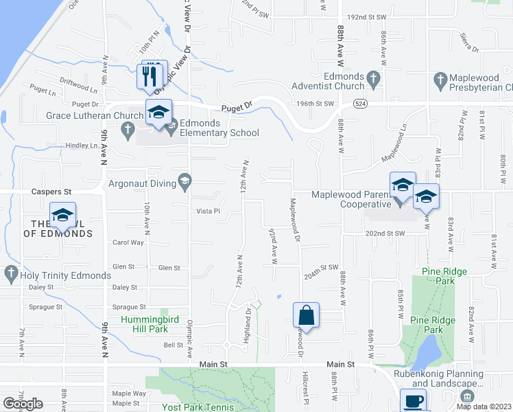 map of restaurants, bars, coffee shops, grocery stores, and more near 913 12th Place North in Edmonds