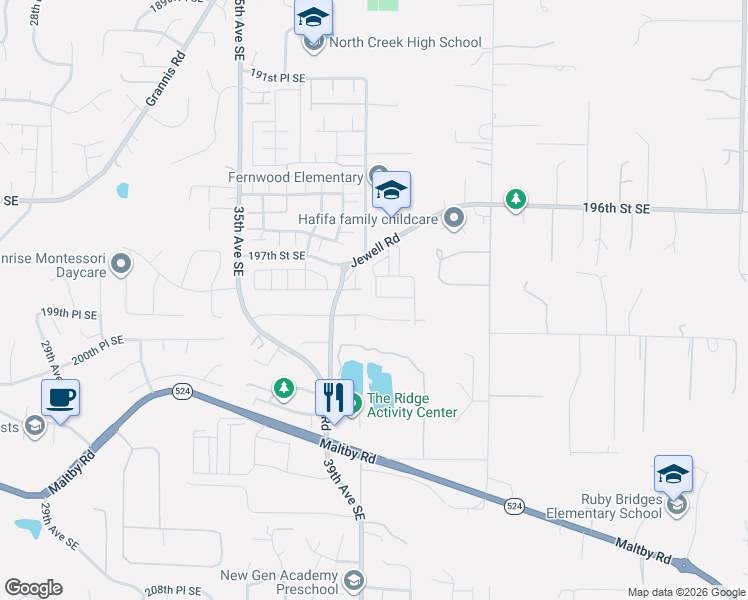 map of restaurants, bars, coffee shops, grocery stores, and more near 19902 39th Drive Southeast in Bothell