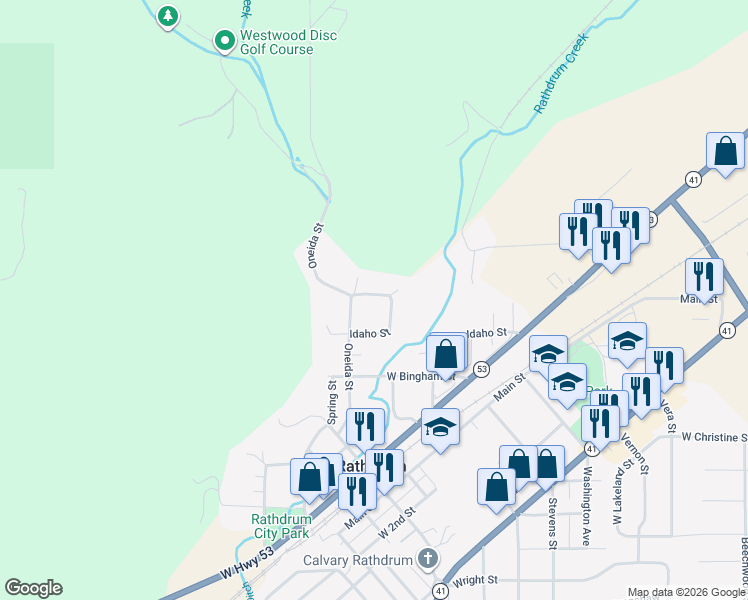 map of restaurants, bars, coffee shops, grocery stores, and more near 7928 Ada Street in Rathdrum
