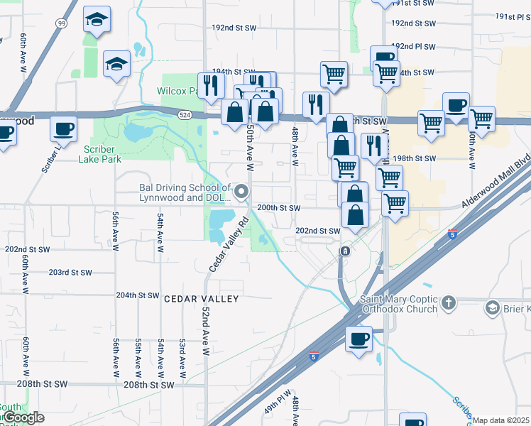 map of restaurants, bars, coffee shops, grocery stores, and more near 4920 200th Street Southwest in Lynnwood