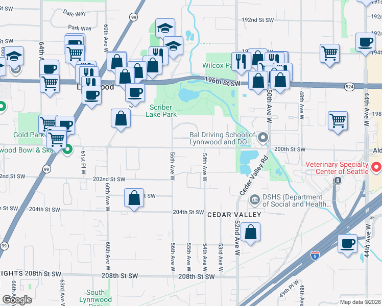 map of restaurants, bars, coffee shops, grocery stores, and more near 5430 200th Street Southwest in Lynnwood