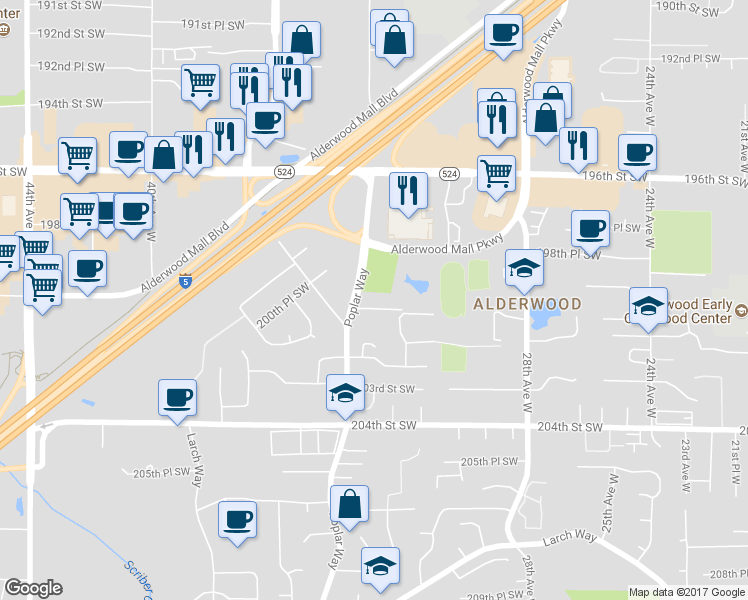 map of restaurants, bars, coffee shops, grocery stores, and more near 3209 200th Place Southwest in Lynnwood