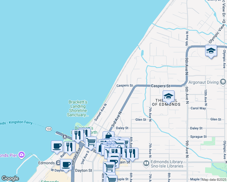 map of restaurants, bars, coffee shops, grocery stores, and more near 612 Sunset Avenue North in Edmonds