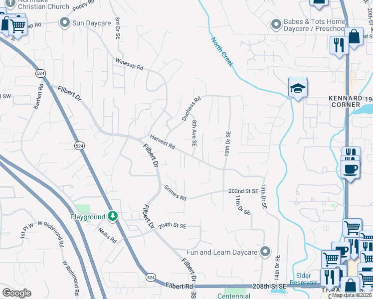 map of restaurants, bars, coffee shops, grocery stores, and more near 713 Harvest Road in Bothell