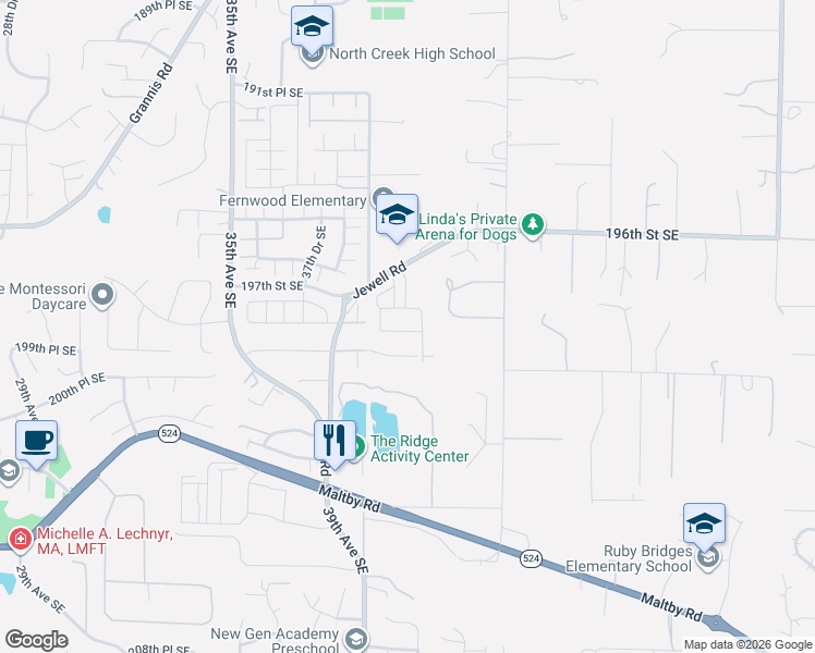 map of restaurants, bars, coffee shops, grocery stores, and more near 4007 198th Place Southeast in Bothell