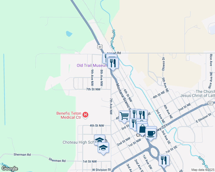 map of restaurants, bars, coffee shops, grocery stores, and more near 500-798 7th Street Northwest in Choteau