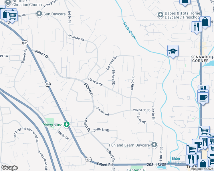 map of restaurants, bars, coffee shops, grocery stores, and more near 713 Harvest Road in Bothell