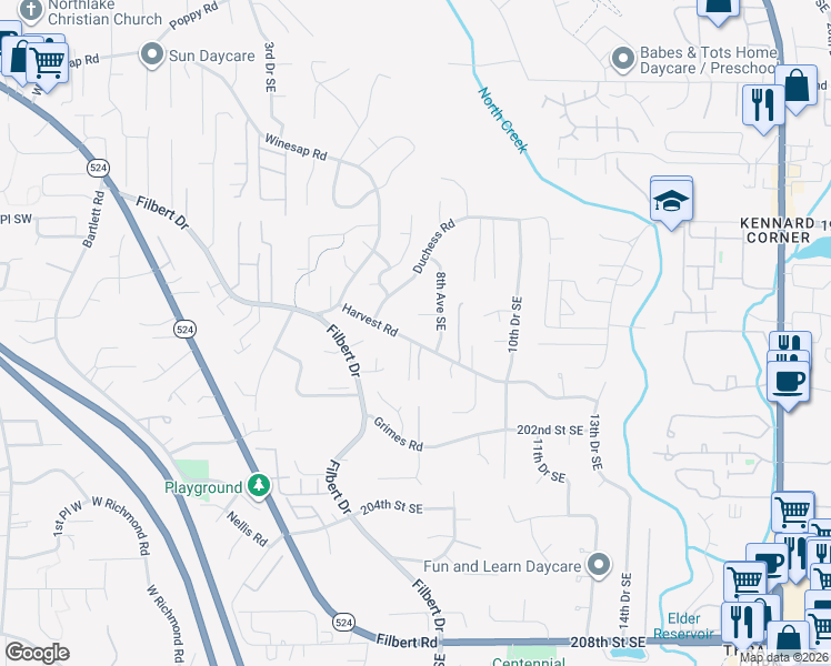 map of restaurants, bars, coffee shops, grocery stores, and more near 713 Harvest Road in Bothell