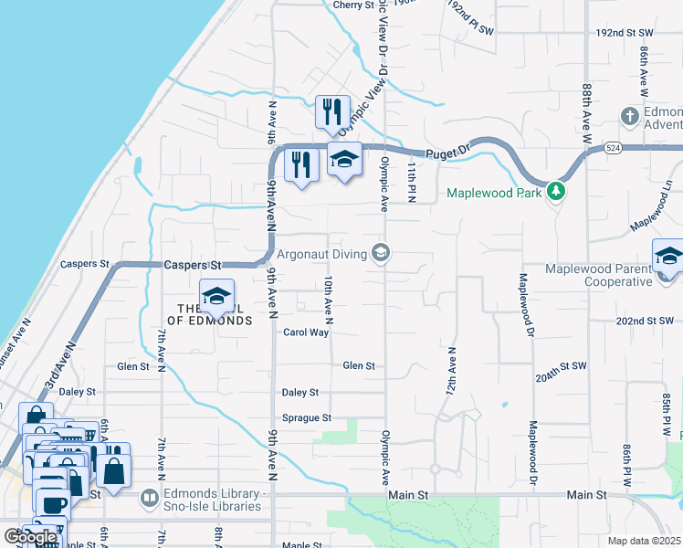 map of restaurants, bars, coffee shops, grocery stores, and more near 900 10th Avenue North in Edmonds