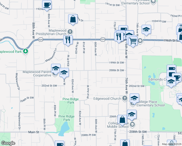 map of restaurants, bars, coffee shops, grocery stores, and more near 20102 80th Avenue West in Edmonds