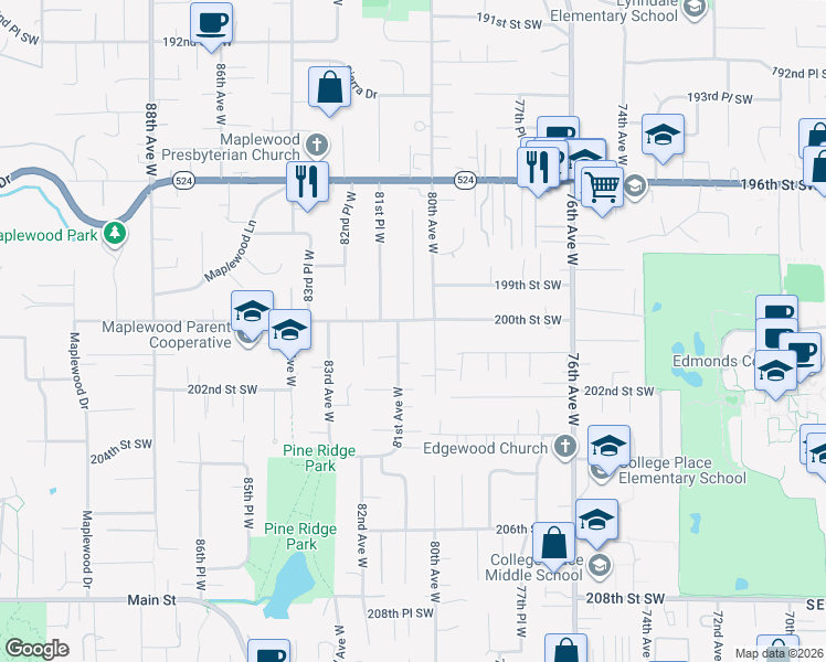 map of restaurants, bars, coffee shops, grocery stores, and more near 20102 80th Avenue West in Edmonds