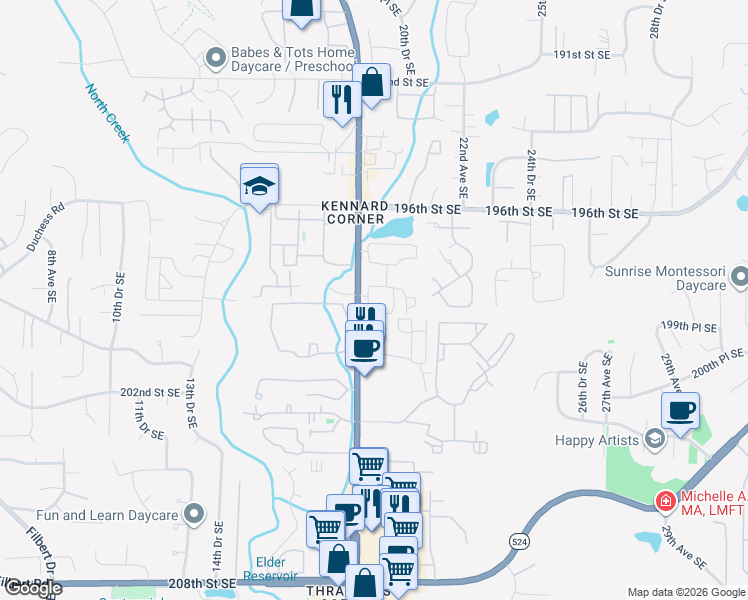 map of restaurants, bars, coffee shops, grocery stores, and more near 19905 Bothell Everett Highway in Bothell