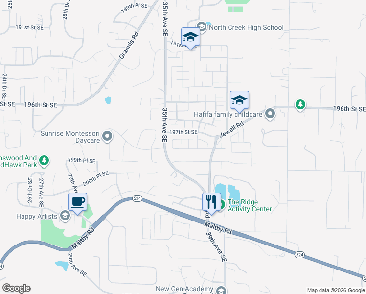 map of restaurants, bars, coffee shops, grocery stores, and more near 3613 199th Street Southeast in Bothell