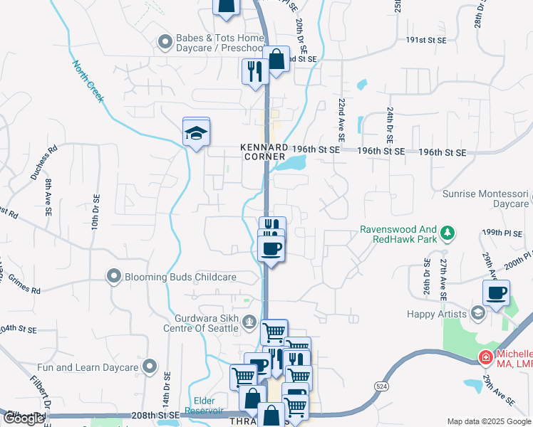 map of restaurants, bars, coffee shops, grocery stores, and more near 19928 Bothell Everett Highway in Bothell