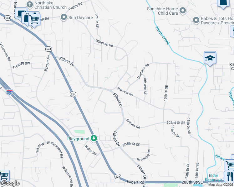 map of restaurants, bars, coffee shops, grocery stores, and more near 433 199th Place Southeast in Bothell