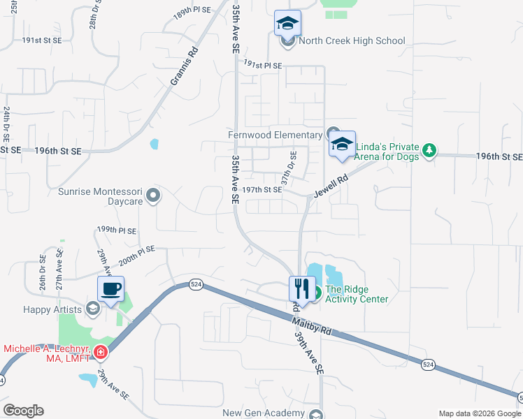 map of restaurants, bars, coffee shops, grocery stores, and more near 3613 199th Street Southeast in Bothell