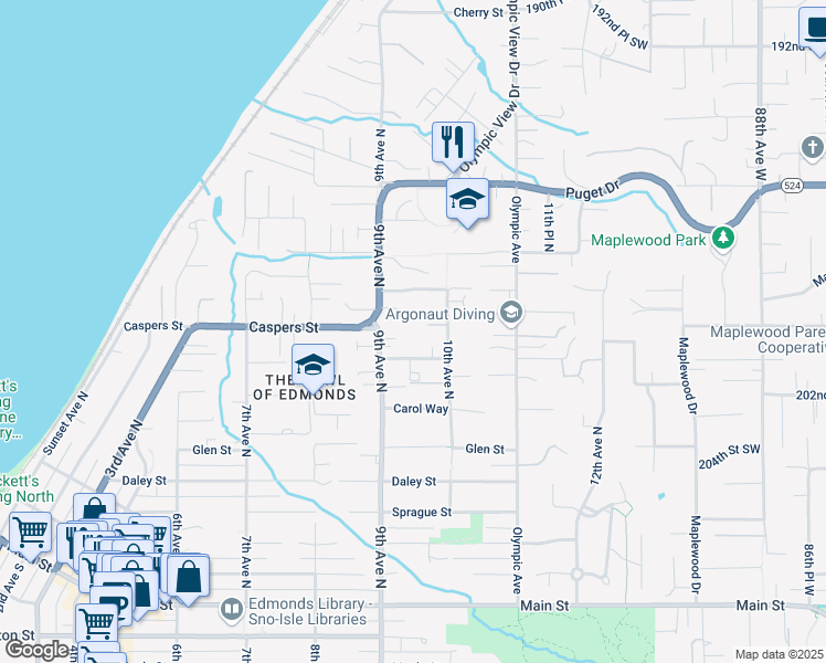map of restaurants, bars, coffee shops, grocery stores, and more near 927 Mountain Lane in Edmonds