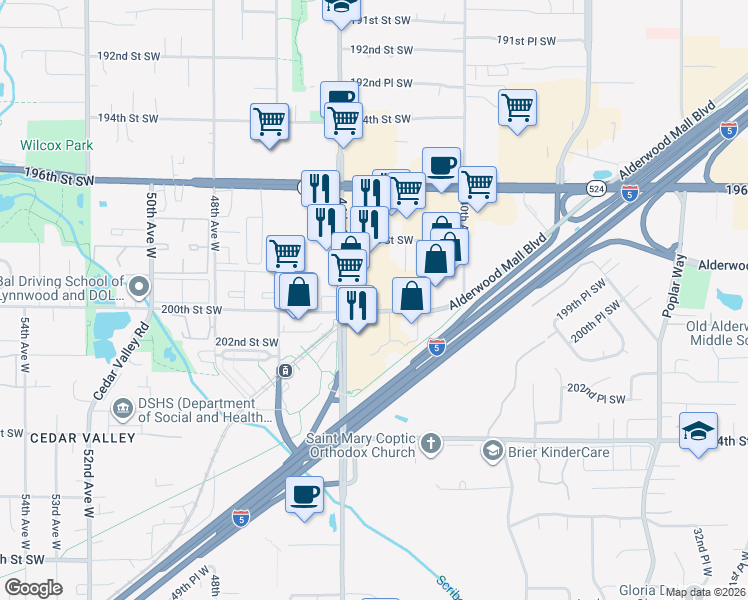 map of restaurants, bars, coffee shops, grocery stores, and more near 4220 Alderwood Mall Blvd in Lynnwood