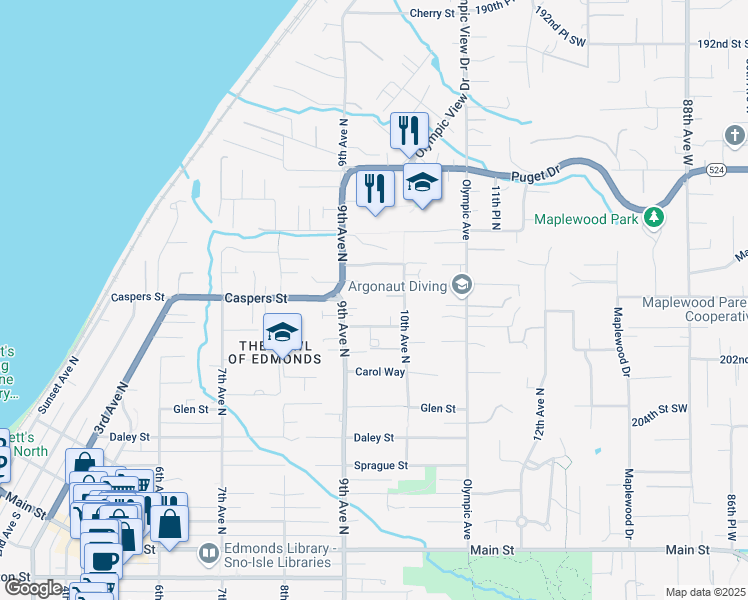 map of restaurants, bars, coffee shops, grocery stores, and more near 927 Mountain Lane in Edmonds