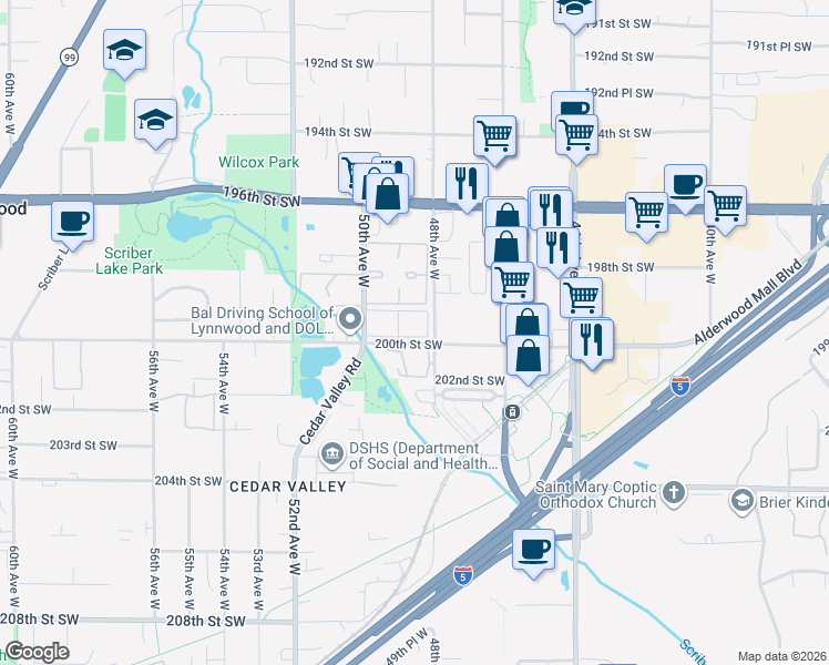 map of restaurants, bars, coffee shops, grocery stores, and more near 4807 200th Street Southwest in Lynnwood