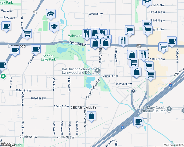 map of restaurants, bars, coffee shops, grocery stores, and more near 20015 Cedar Valley Road in Lynnwood