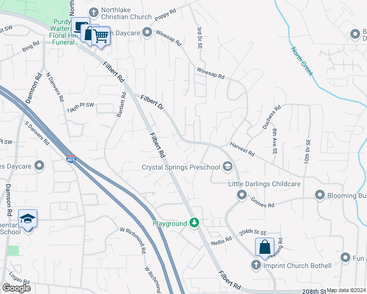 map of restaurants, bars, coffee shops, grocery stores, and more near 19718 Filbert Drive in Bothell