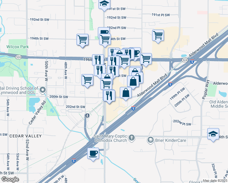 map of restaurants, bars, coffee shops, grocery stores, and more near 4300 198th Street Southwest in Lynnwood