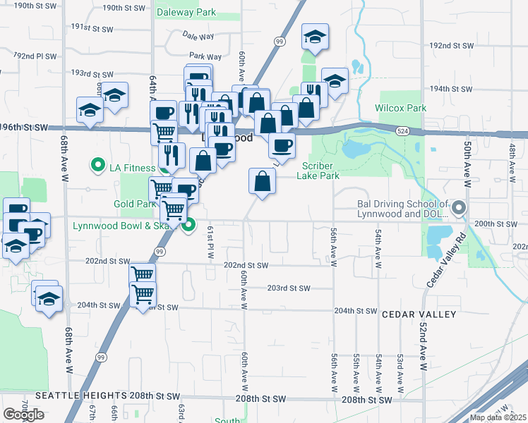 map of restaurants, bars, coffee shops, grocery stores, and more near 19815 Scriber Lake Road in Lynnwood