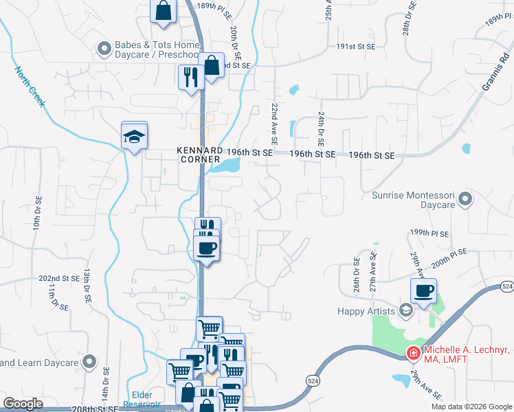 map of restaurants, bars, coffee shops, grocery stores, and more near 2200 196th Street Southeast in Bothell