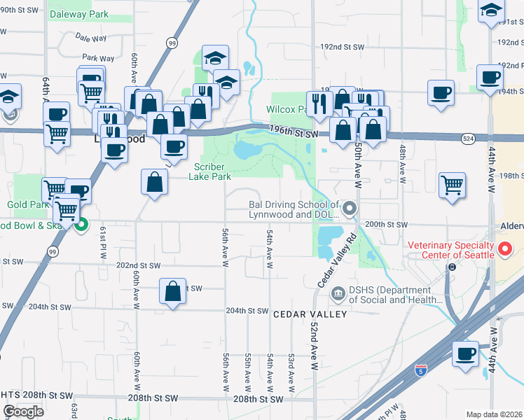 map of restaurants, bars, coffee shops, grocery stores, and more near 19828 Firwood Drive in Lynnwood