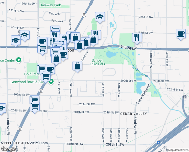 map of restaurants, bars, coffee shops, grocery stores, and more near 5630 198th Street Southwest in Lynnwood