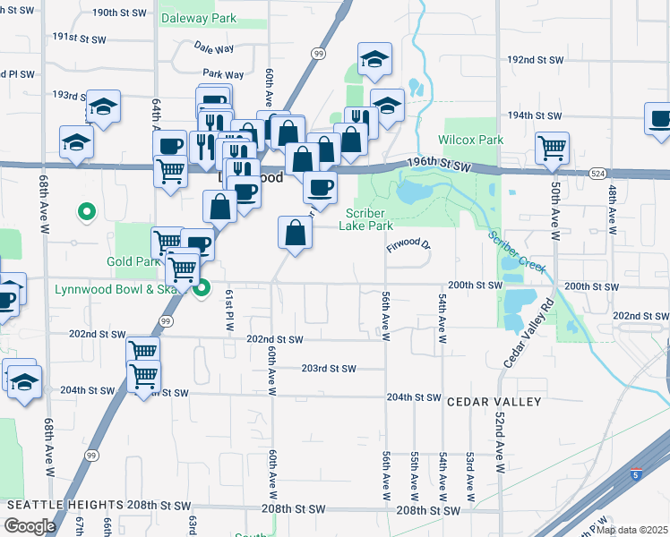 map of restaurants, bars, coffee shops, grocery stores, and more near 5801 200th Street Southwest in Lynnwood