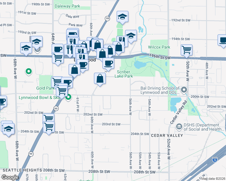 map of restaurants, bars, coffee shops, grocery stores, and more near 5801 200th Street Southwest in Lynnwood