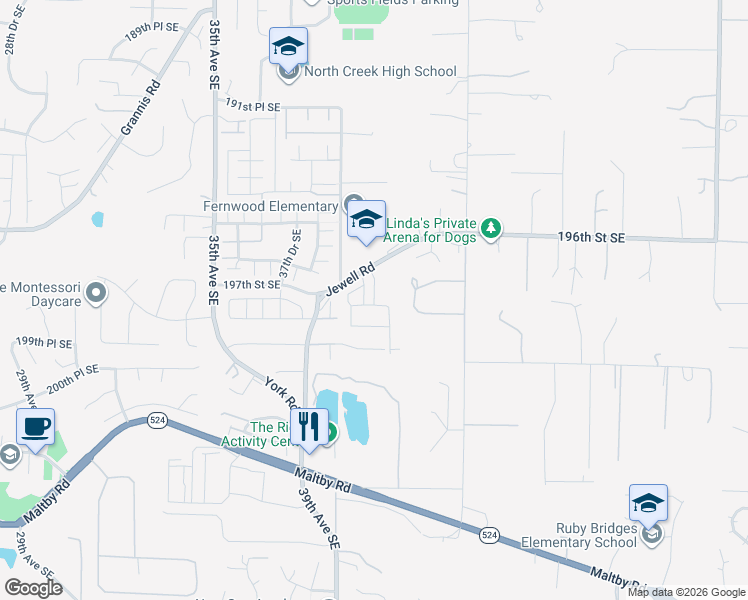map of restaurants, bars, coffee shops, grocery stores, and more near 3924 Jewell Road in Bothell