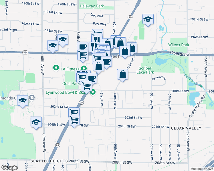 map of restaurants, bars, coffee shops, grocery stores, and more near 19825 Pacific Highway in Lynnwood