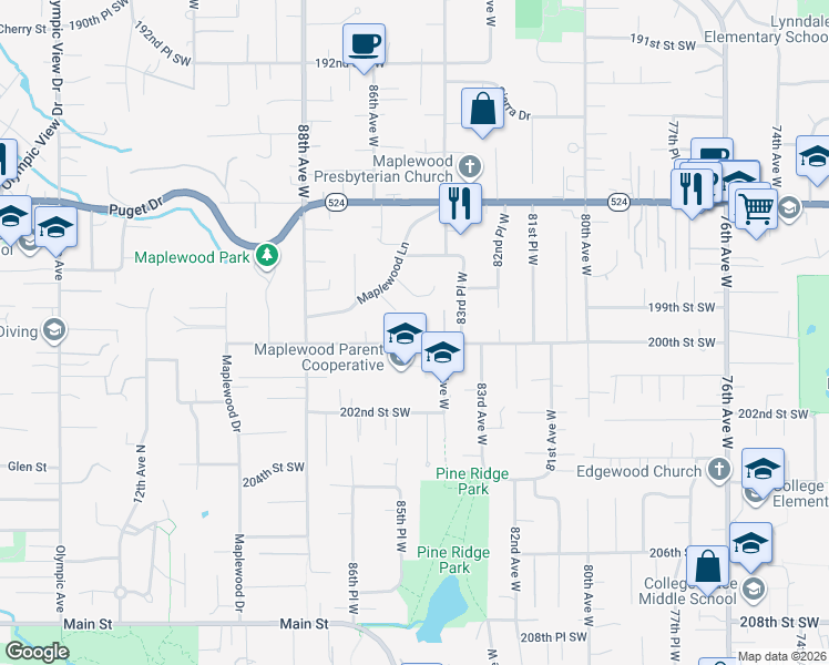 map of restaurants, bars, coffee shops, grocery stores, and more near 8423 200th Street Southwest in Edmonds