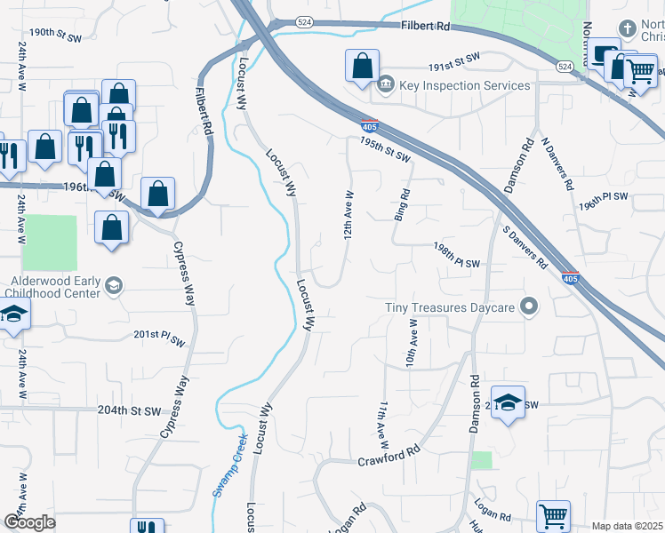 map of restaurants, bars, coffee shops, grocery stores, and more near 19817 12th Avenue West in Lynnwood