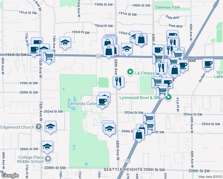 map of restaurants, bars, coffee shops, grocery stores, and more near 19905 68th Avenue West in Lynnwood